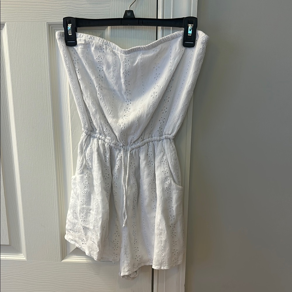 Hollister White Eyelet Strapless Romper with Pockets